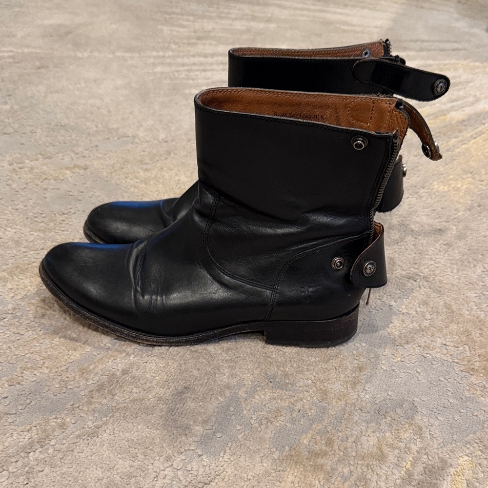 Frye Black Leather Ankle Zip Back Strap Boots